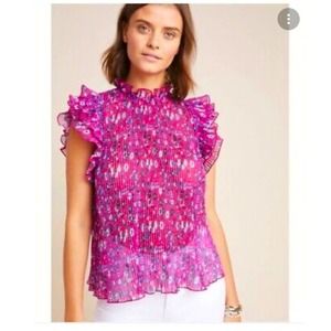 Anthropologie Women Pink Freida Pleated Ruffle Blouse Size XL